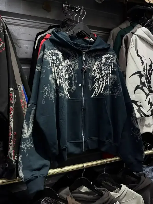 Mens Zip Up Hoodie Azul Escuro Asas Imprimir Gráfico Exclusivo Y2K Streetwear Americano Urbano Pulôver Roupas Juvenis Moletom Com Capuz — image 3