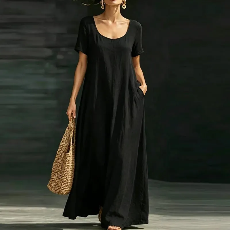 Summer Casual Pocket Maxi Dresses For Women Elegant Short Sleeve Loose Beach Holiday Dress Women Party Long Dress Boho — image 3