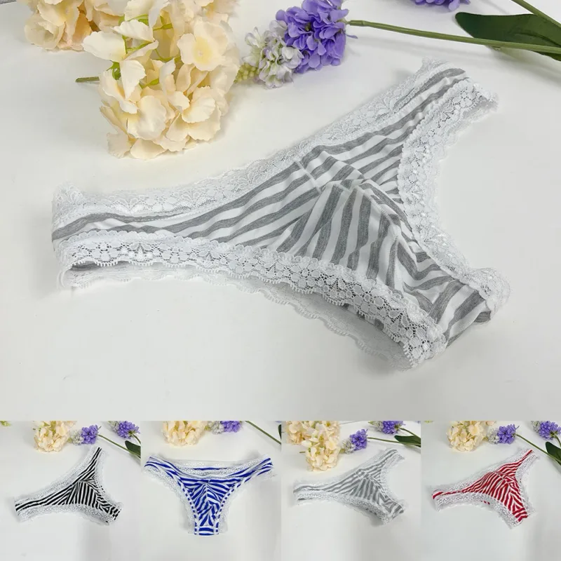 Men Lace Trim Striped G-string Underwear Half-covered Butt Low-rise Pantie Breathable Sexy U Bulge Pouch Comfortable Tong — image 7