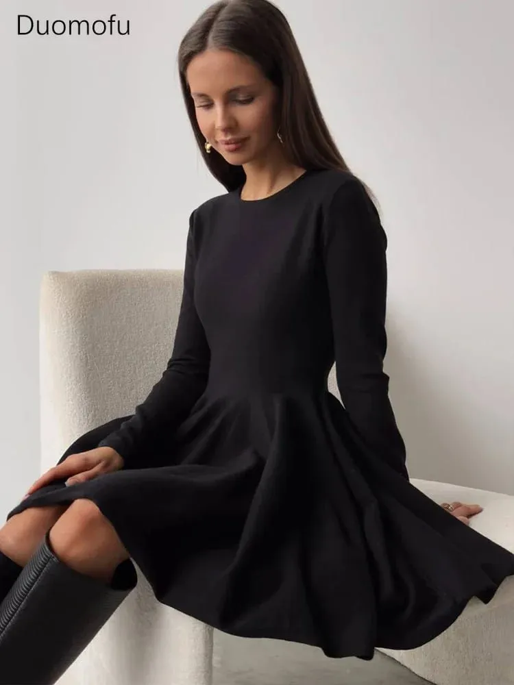 Duomofu Knit Mini Kjoler Kvinder Efterår Vinter Langærmet Sweater Kjole Kvinde Elegant Mode Slim A Line Plisseret Kjole Vestido