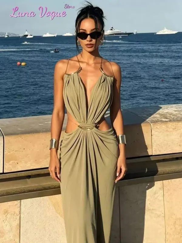 Solid Color Spaghetti Strap Sleeveless Maxi Gown Women Sexy Deep V Cutout Waist Ruched Evening Dress Summer Elegant Party Wear — image 2