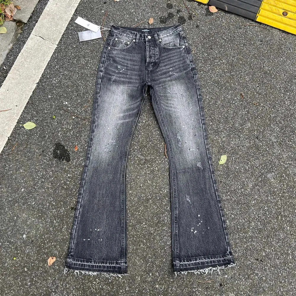 Heavy water Washed Retro Blue Ink Splatter Micro Flare Denim Pants Mens and Womens Straight Baggy Jeans Trousers Boot Cut