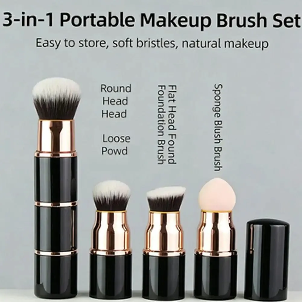 3-in-1 Mini Makeup Brush Set Detachable Portable with Dust Cover for Foundation Powder Blush and Sponge Head Make Up Tools