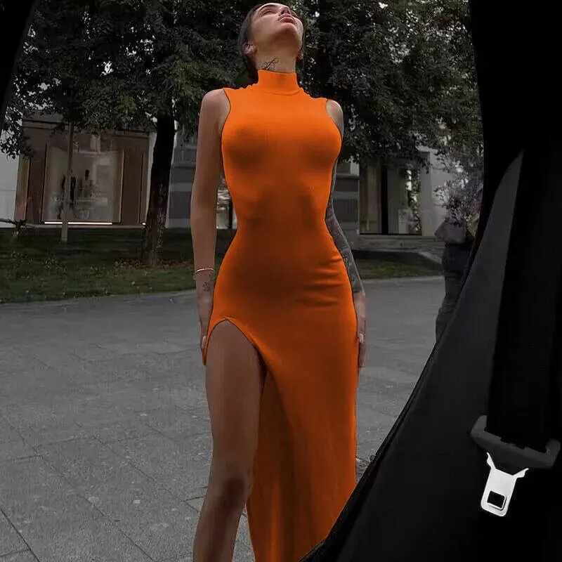 Y2k Ärmlös Orange Midi Klänningar Dam Klänningar Sida Slits Turtleneck Inställning Bodycon Sexig Fest Elegant Klänning 2024 Basic Vintage Robe — image 2