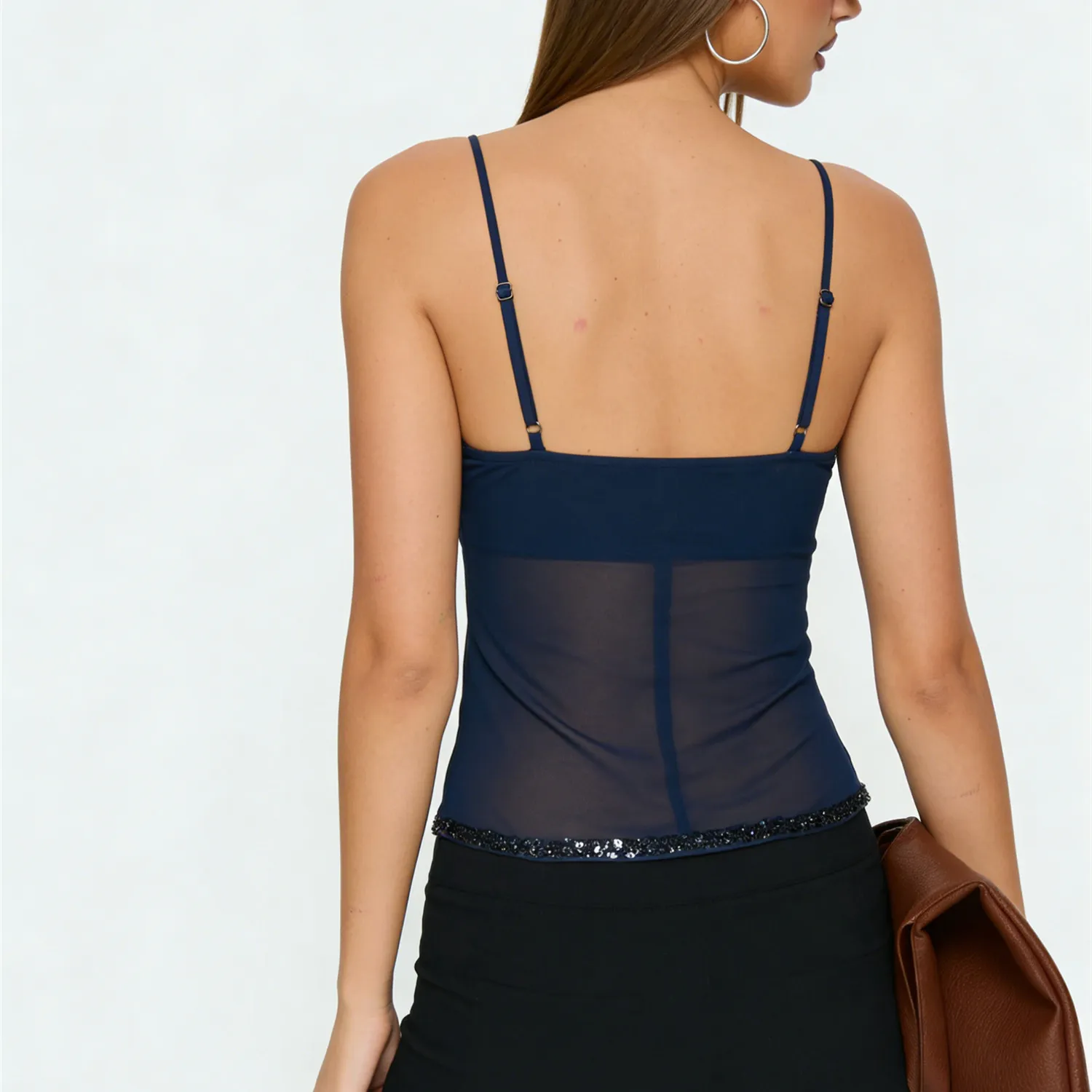 Women Y2K Sequin Beaded Mesh Cami Top Spaghetti Strap V Neck Fitted Sheer Camisole Summer Vacation Going Out Streetwear