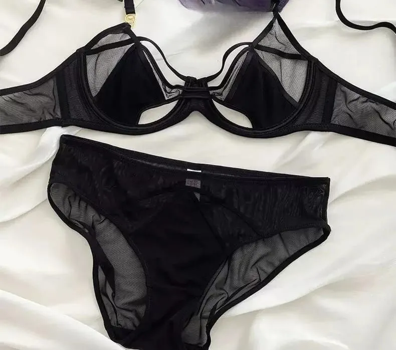 Hot Sale Sheer Mesh Lingerie Set No Padding Soft Wire Push Up See Through Floral Lace Bralette Dark Romance Style — image 9