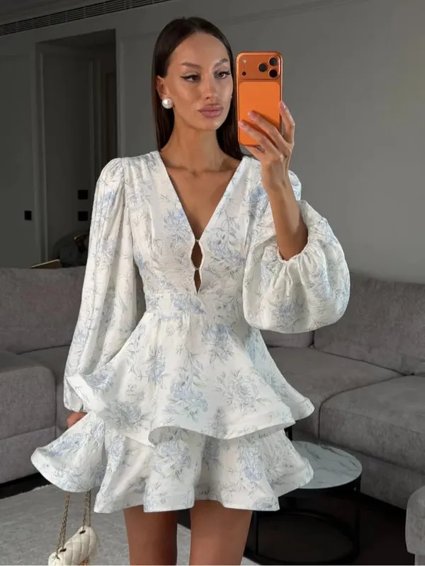 Elegante floral impresso mini vestido feminino chique com decote em v mangas completas único breasted magro a linha vestidos curtos 2026 senhora roupões de festa — image 9