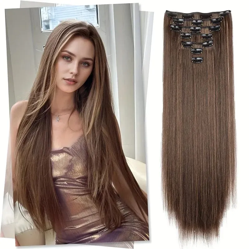 24Inch Synthetic 7pcs/set Long Straight Clip in Hair Extensions Invisible Fake Clips on Hairpieces for Women Party Daily Use