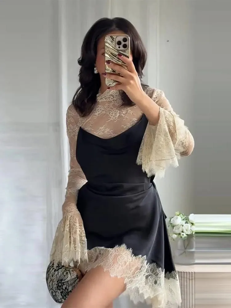 Elegant satin blommig spets patchwork miniklänning för kvinnor oregelbunden fåll långärmade klänningar dam 2026 Chic kvällsfest Vestidos — image 4