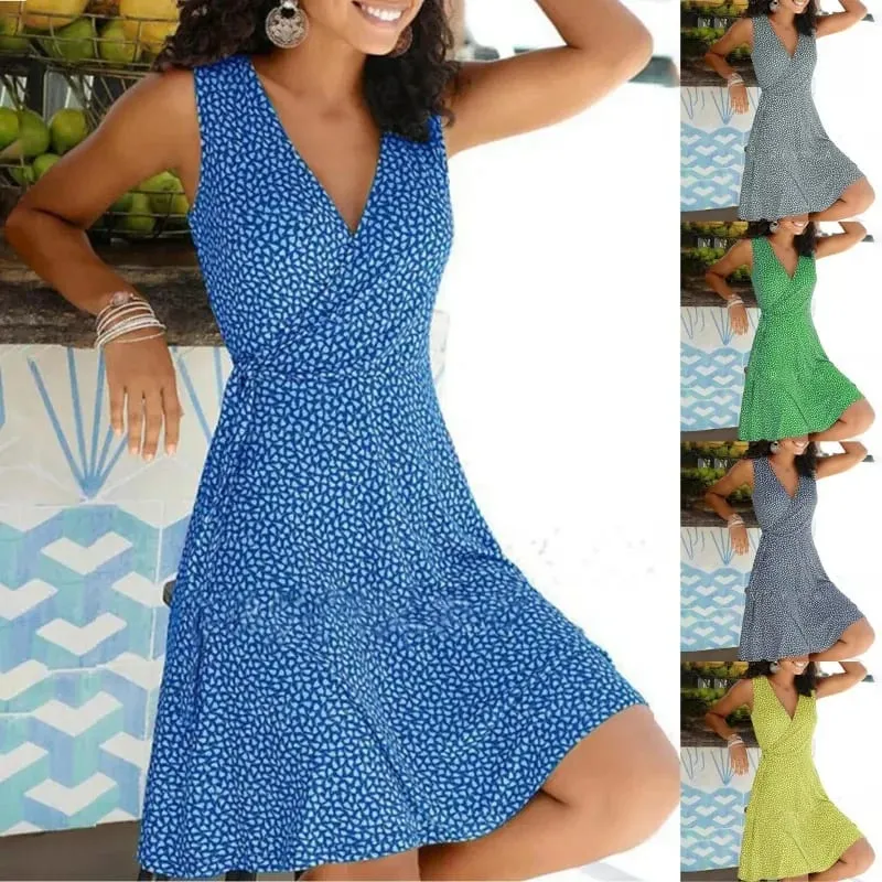 Mga Dress para sa Babae 2025 Casual Plus Size Women's Floral Wrap V Neck Midi Dress A Line Swing Cap Sleeve Midi Vestidos De Fiesta — image 2
