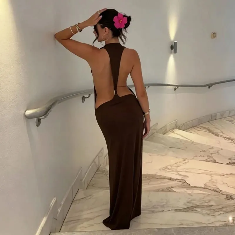 Tossy Kvinnor Grimma Rygglös Bodycon Maxiklänning Öppen rygg Spaghetti Rem Guld Ring Afton Festklänning Sommar Strand Lång Klänning — image 10