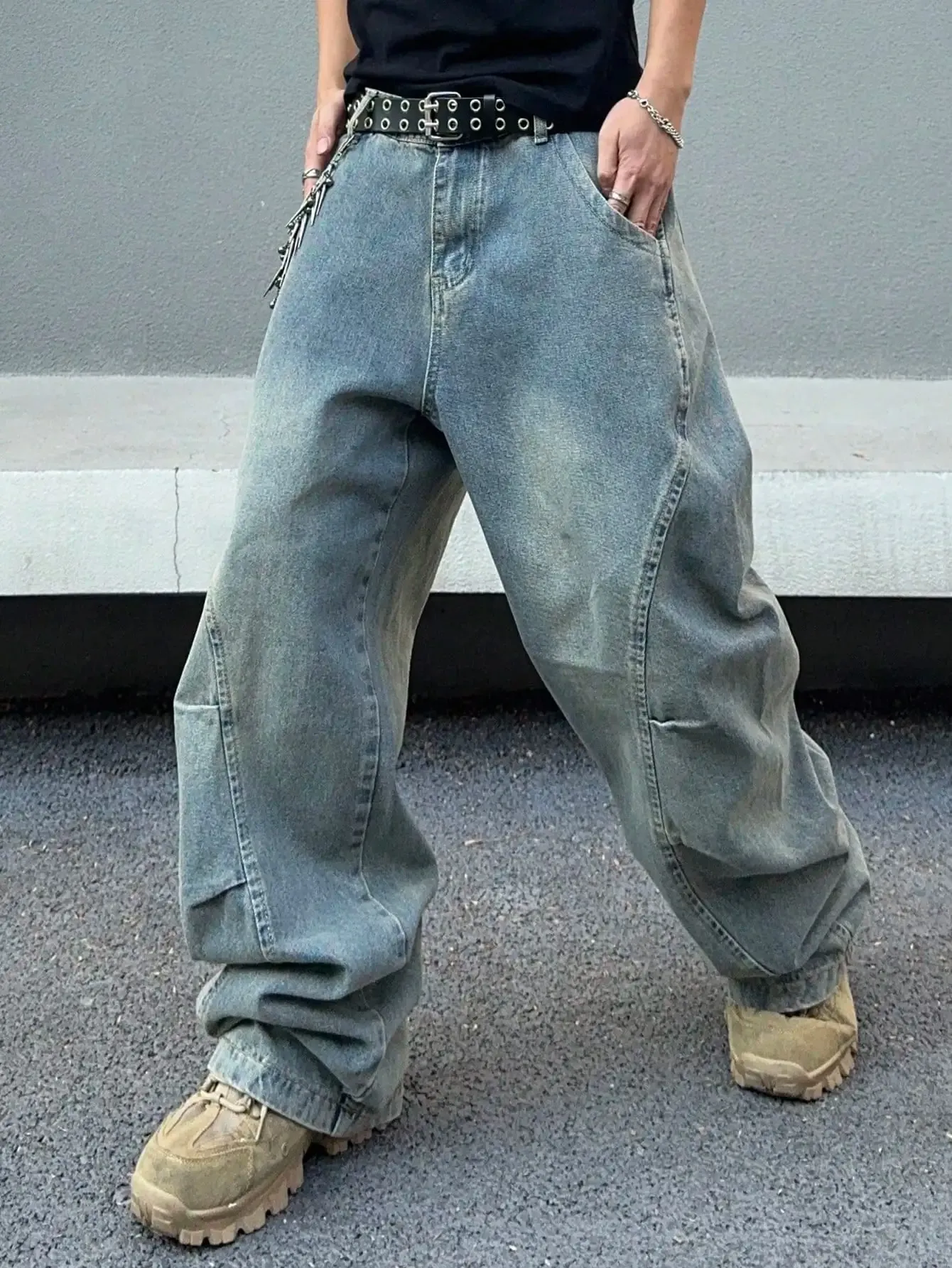Vintage Men Washed Baggy Denim Jeans Stitched Panel Wide Leg Denim Pants Oversized Loose Hip Hop Streetwear Y2K Casual Trousers