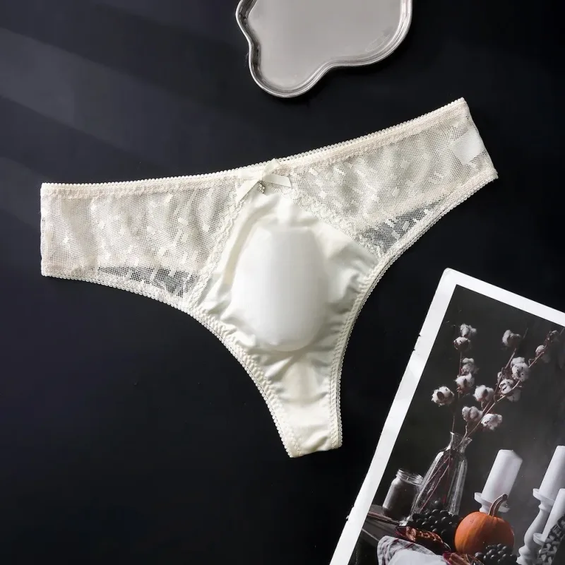 Men's Thong Underwear Made of 81.7% Polyester 18.3% Spandex Ice Silk Blend with Lace Trim and 3D Bulge Pouch Solid G String — image 11