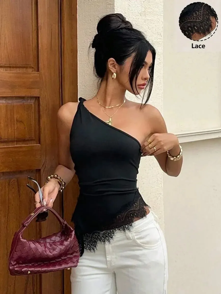 Women Black Lace Patchwork Twist Knot One Shoulder Top Summer Casual Y2K Street Style Backless Ruched Slim fit Crop Top