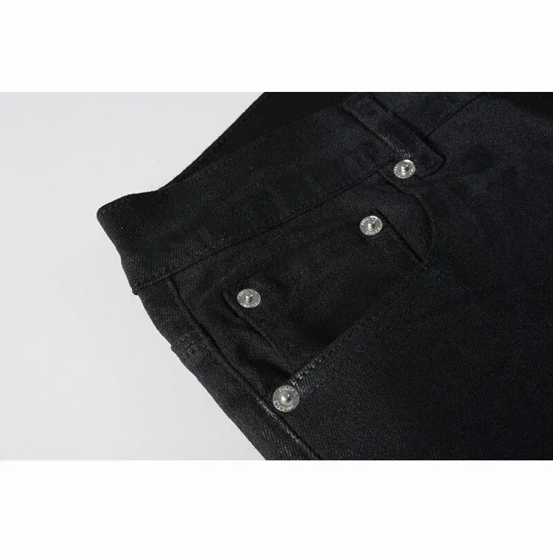 Men's Black Coated Slim Tapered Jeans Washed Distressed Design Button Fly High Street Style
