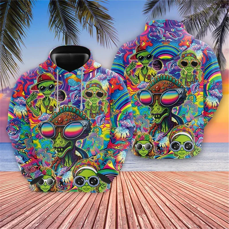 Harajuku Fashion Alien Graphic Sweatshirts Trippy Mushroom Y2k Hoodies For Men Clothes Cartoon Boy Pullovers Hip Hop UFO Hoody — image 4