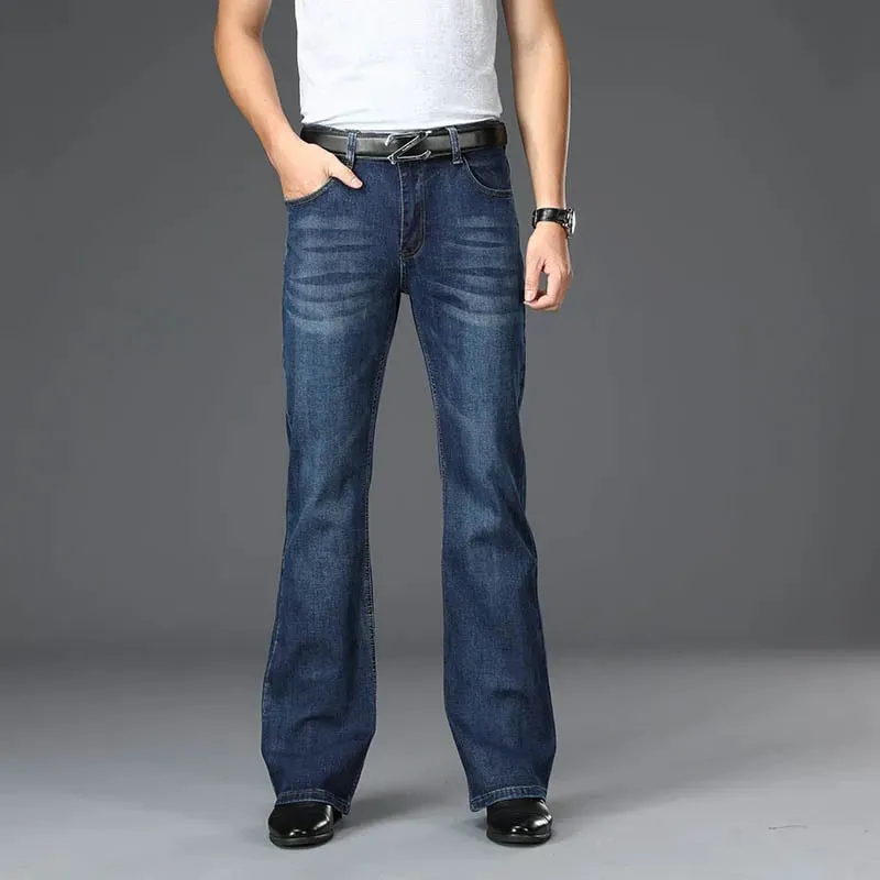 Men High Waist Stretch Bootcut Denim Jeans Loose Wide Leg Vintage Classic Blue Jeans Streetwear Casual Daily Male Denim Trousers