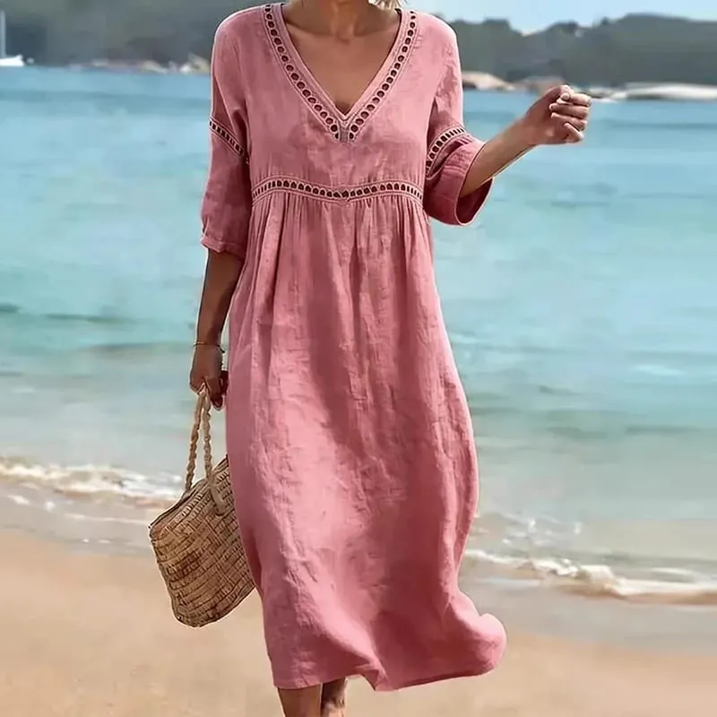 Summer V Neck Half Sleeve Loose Beach Holiday Dress Women Casual Hollow Out Design Solid Color A-line Midi Dress Boho — image 4