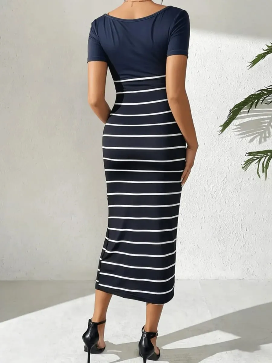 Women's Casual Elegant Comfortable round Neck Short Sleeve Solid Color Dress with Horizontal Stripe Slit Long Skirt — image 2