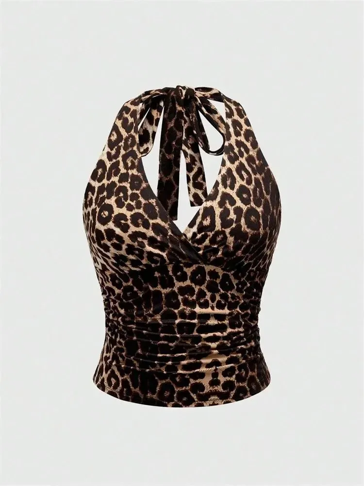 Top corto liso con cuello en V y espalda descubierta para mujer, Top corto con cuello Halter, Sexy Y2K, sin mangas, parte de arriba ropa informal fruncida — image 8