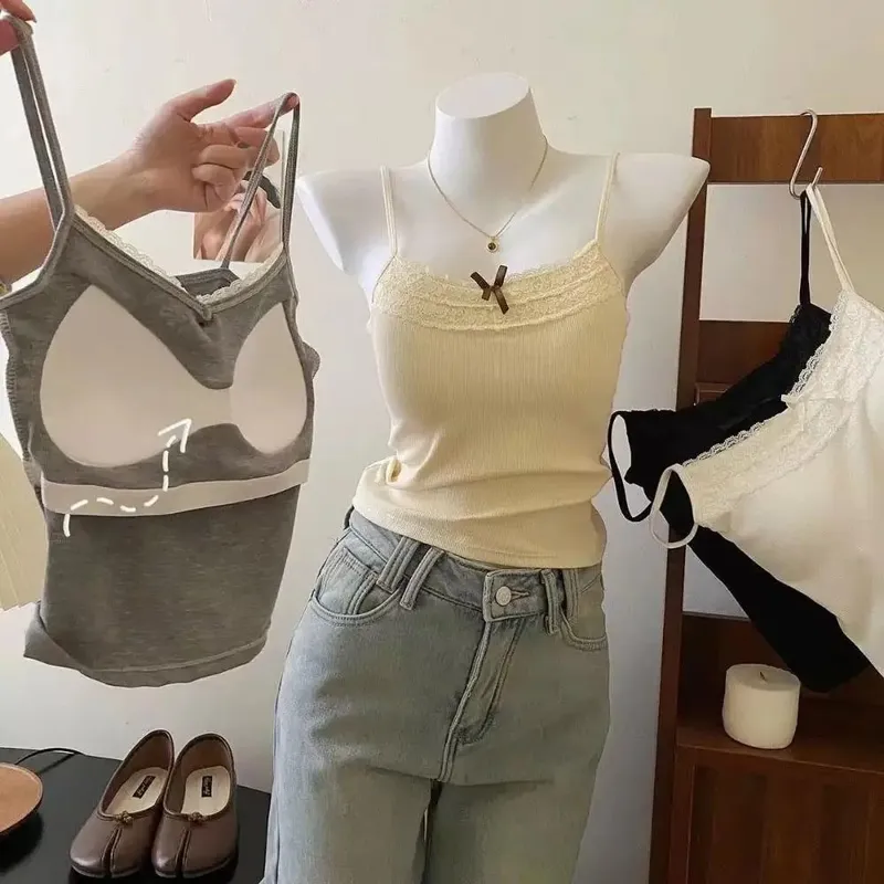 Knit Lace Sling Tops Sweet Bow Short Tank Top Camisole Solid Color Slim Knitted Crop Top Y2K Sexy Sleeveless Clothes Coquette