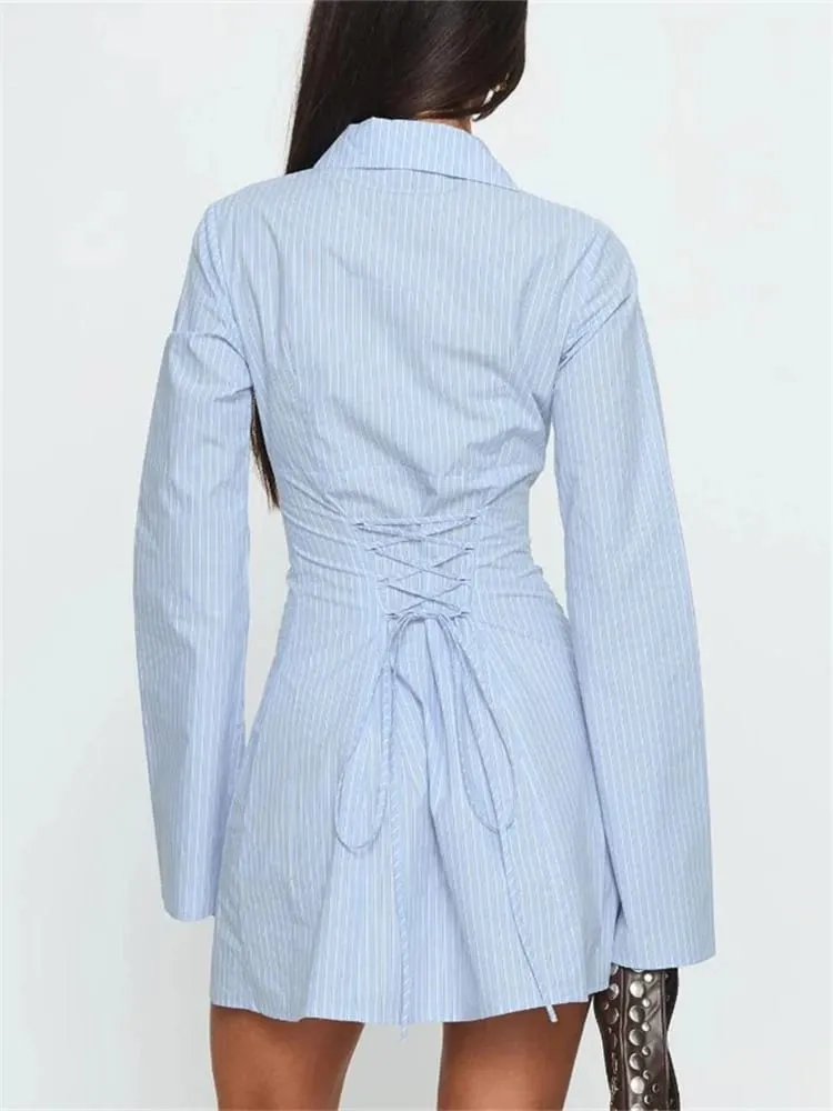 Verão feminino y2k camisa vestido emagrecimento cintura saia curta mini vestido cintura alta estilo glamour manga cheia gola regular — image 5