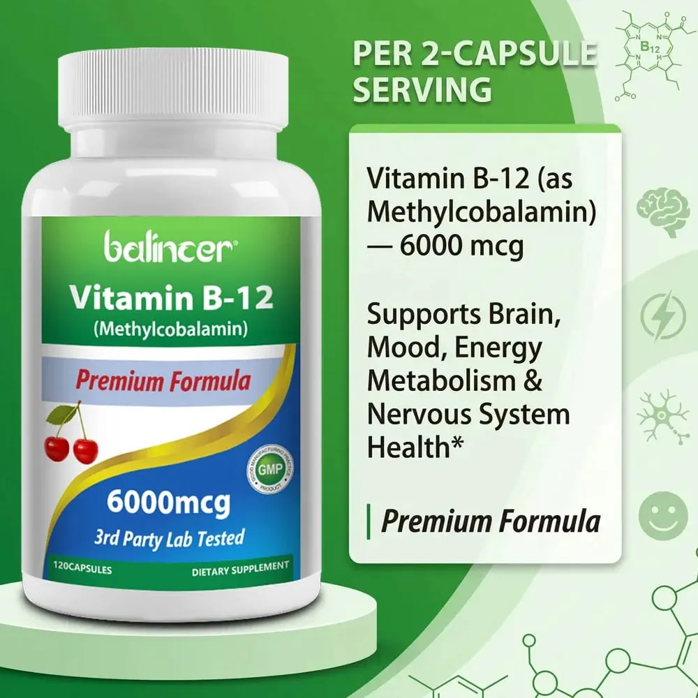 Vitamin B12 Supplement 6000mcg - Energy Brain Memory Mood Heart Function Nervous & Immune System Support 30/60/120 Capsules — image 4