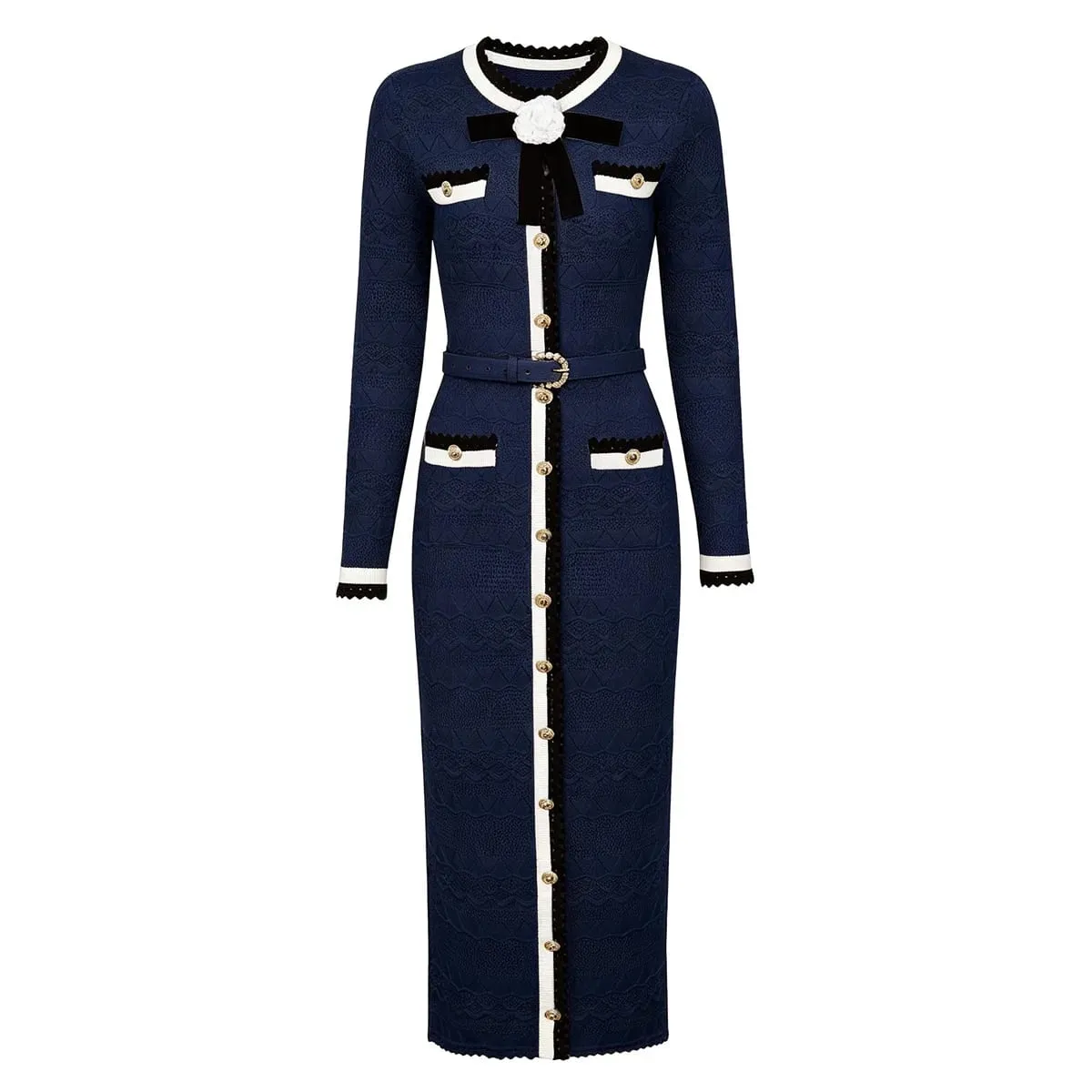 Autumn Winter Long Knitting Sweater Dresses Woman 2026 Fashion 3D Floral Hit Color Midi Straight Party Casual Dress Blue — image 2