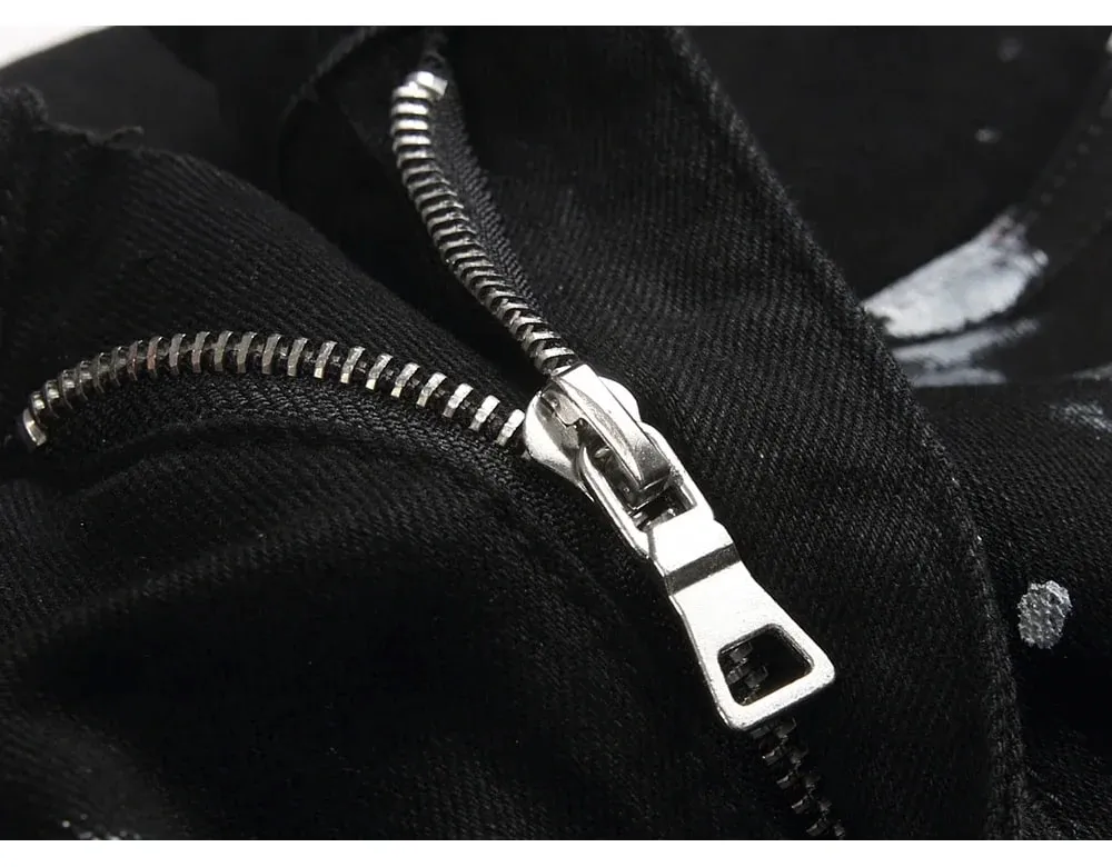 Men Painted Slim Tapered Jeans Punk Zipper Black Stretch Denim Pants Casual Streetwear Trousers — image 5