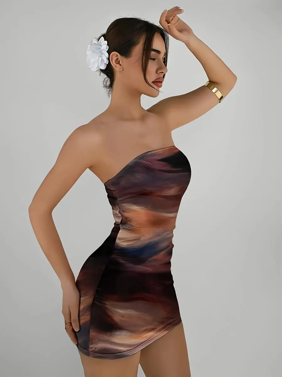 Elegant Women's Knitted Gradient Print Mini Dress Spring Summer New Style Party Holiday Sexy Strapless Slim Fit Gown — image 4