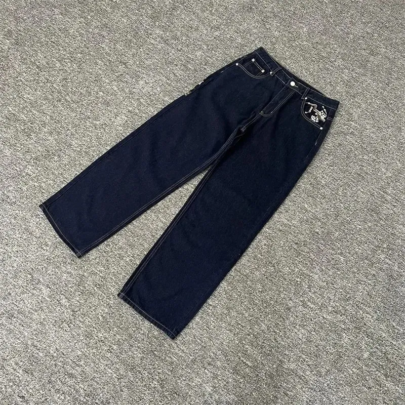 Heavy Embroidery Flowers Derschutze Mens Jeans Men Women 1:1 Best Quality Vintage Derschutze Womens Straight-leg Denim Pants — image 4