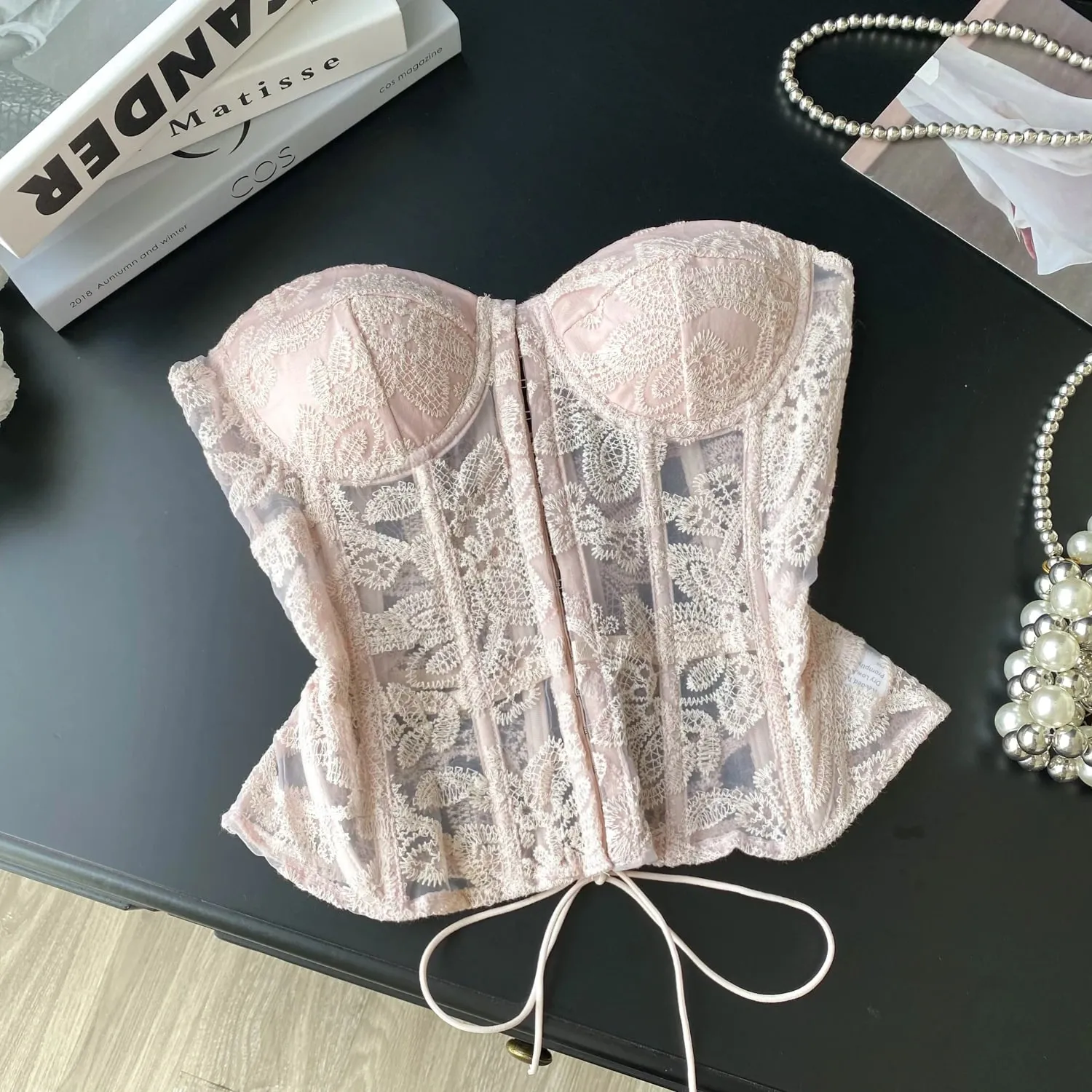 Floral Embroidery Sexy Club Top Female Strapless Slim Corset Backless Tank Top French Lace Up Basics Sheer Camisole