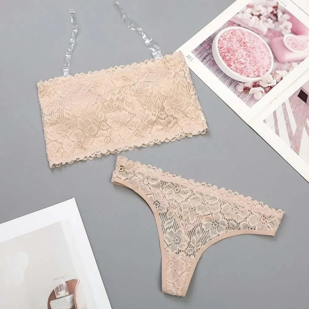 Lace Sheer Flower Thong Bra Set Invisible Straps Embroidery Floral Panties Bra Kit Lingerie Hollow Underwear for Women — image 4