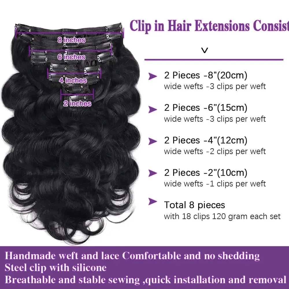 Clip In Hair Extensions Body Wave 8Pcs Clip In Human Hair Extensions Natural Black Remy Skin Weft Hair Extensions For Salon — image 4