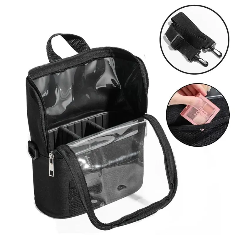 Clear Makeup Brush Holder with Lid Large Capatity Makeup Brushes Storage Bag Stand-up Makeup Artist Bags With Strap and Dividers — image 6