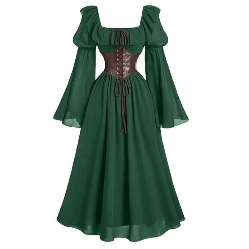 Medieval European and American Halloween New Women's Palace Vintage Dress Horn Sleeve Waist Square Neck Bat Sleeve Long Dress