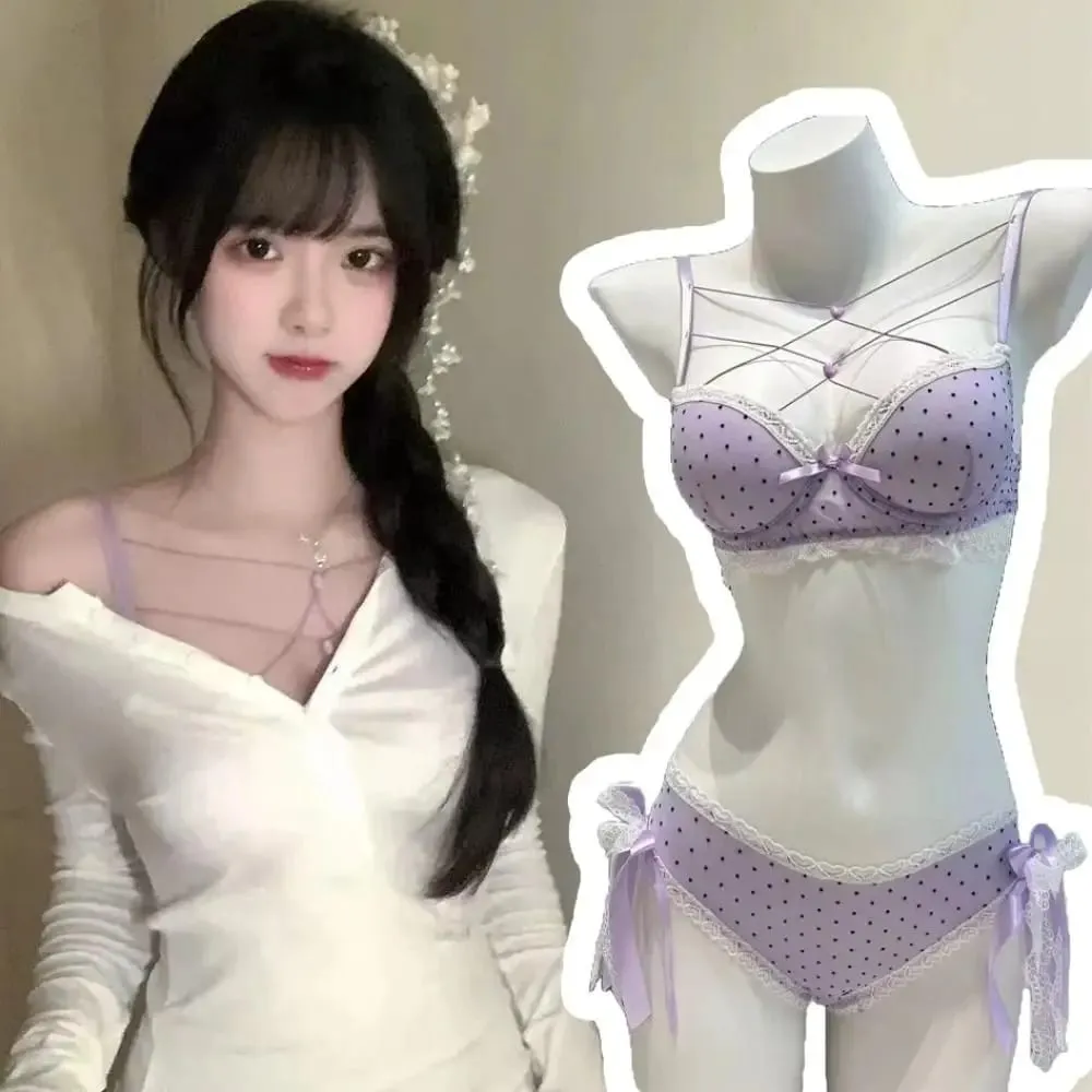 Beautiful Dots Lace Bra Set Bowknots Lace-up Bra Panties Set Love Heart Intimates Push Up Bra Women Romantic Evenings — image 1