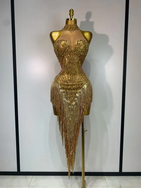 Sexy traje de palco brilhante strass malha transparente lantejoulas borla noite festa de aniversário boate dança cantor outfit