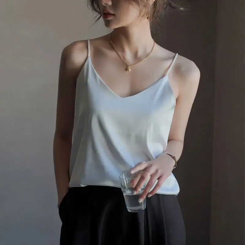 Women Halter V Neck Basic White Cami Spaghetti Strap Top Sleeveless Satin Silk 2026 Tank Tops Women'S Summer Camisole — image 12