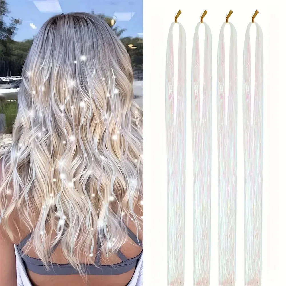 4 Packs 22inch Fairy Tinsel Hair Extensions Kit for Women Holographic Synthetic Hair Extension for Quick Hair Color Change