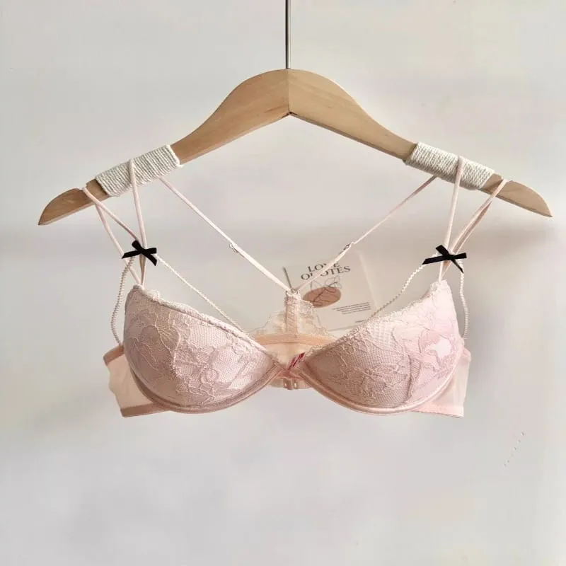 Ladies Front Fastening Lace Lingerie Set Wirefree Push Up Bra Thinly Lined Delicate Straps Comfort Sexy Everyday Underwear Set