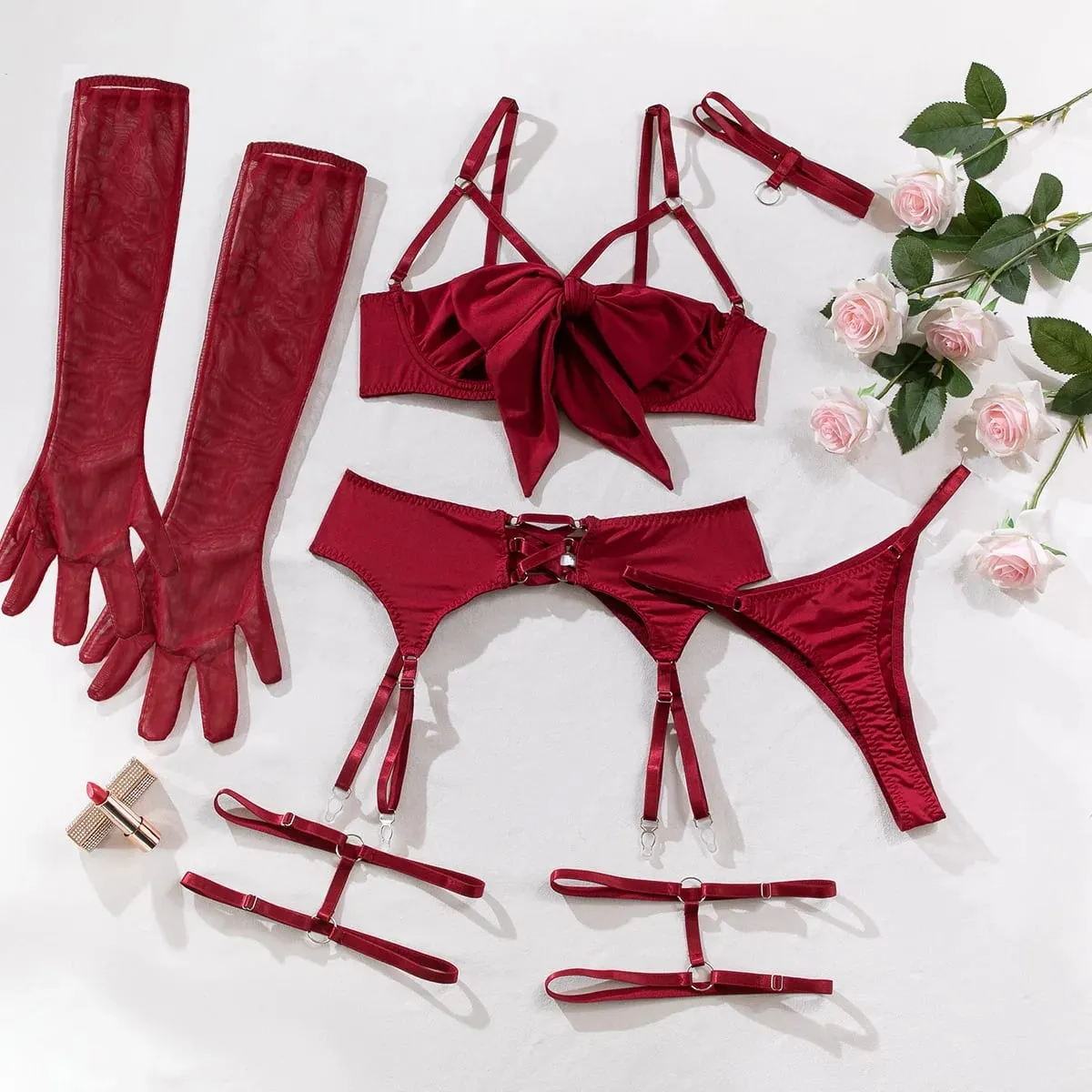 Women 4 Piece Sexy Lingerie Set Hollow Out Gathered Push Up Bra Bow Decor Waist Belt Black Matching Underwear Sleep Nightwear — image 7