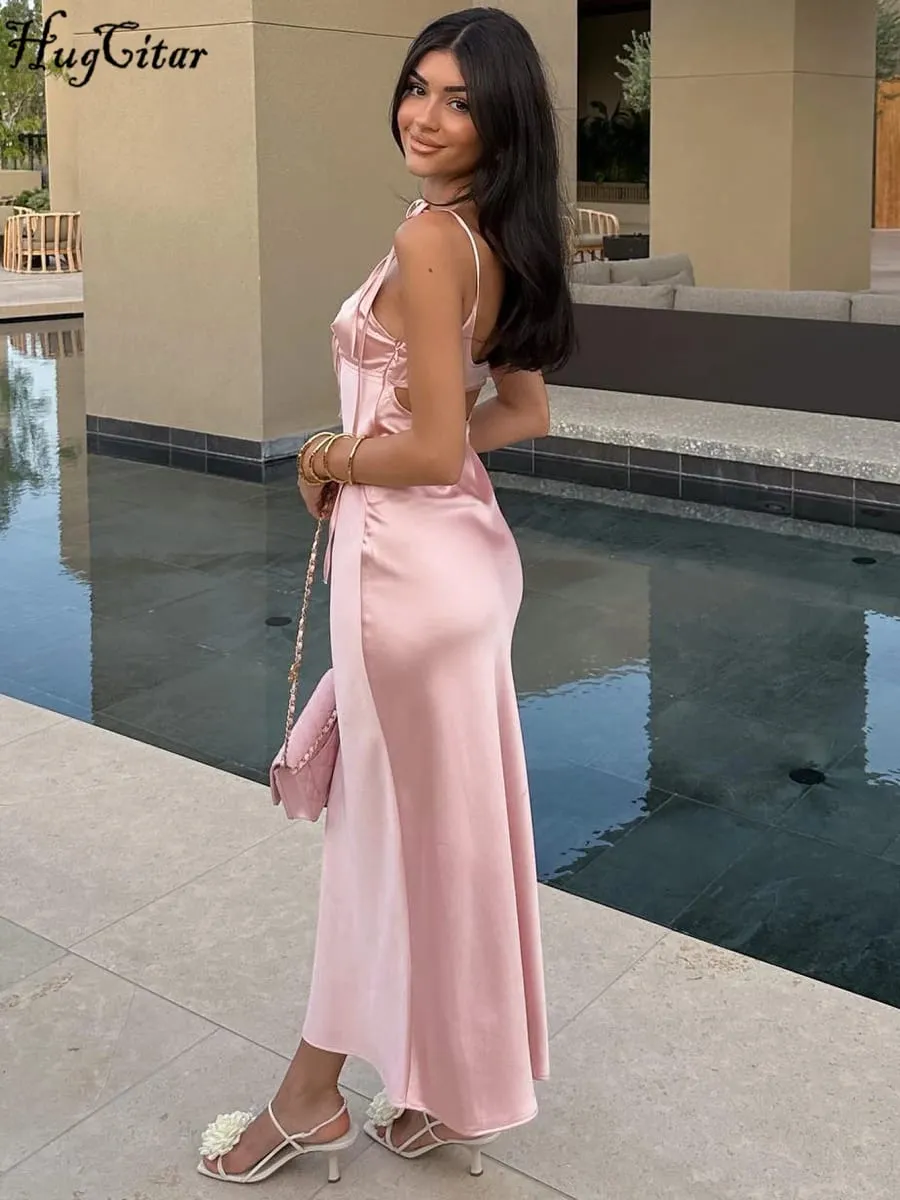 Hugcitar decote em v sólido deslizamento sem costas oco rendas até sexy bodycon maxi vestido de baile verão feminino roupas elegantes festa aniversário — image 3