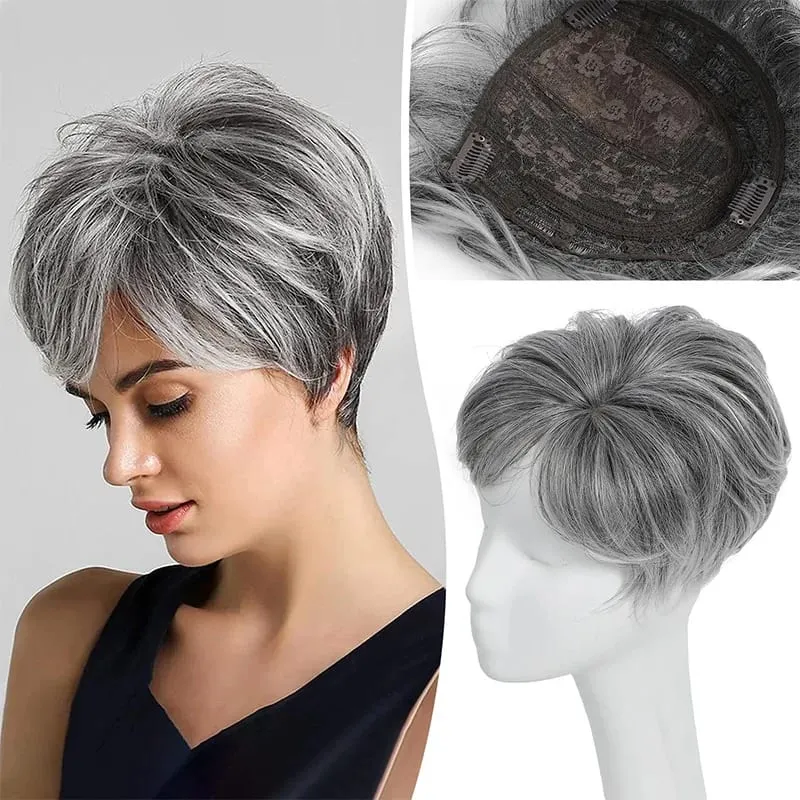 Synthetic 6inch Short Straight Topper Hairpiece Clip in Hair Extensions Natural Fluffy Head Top Hair Piece Replacement Cover — image 10