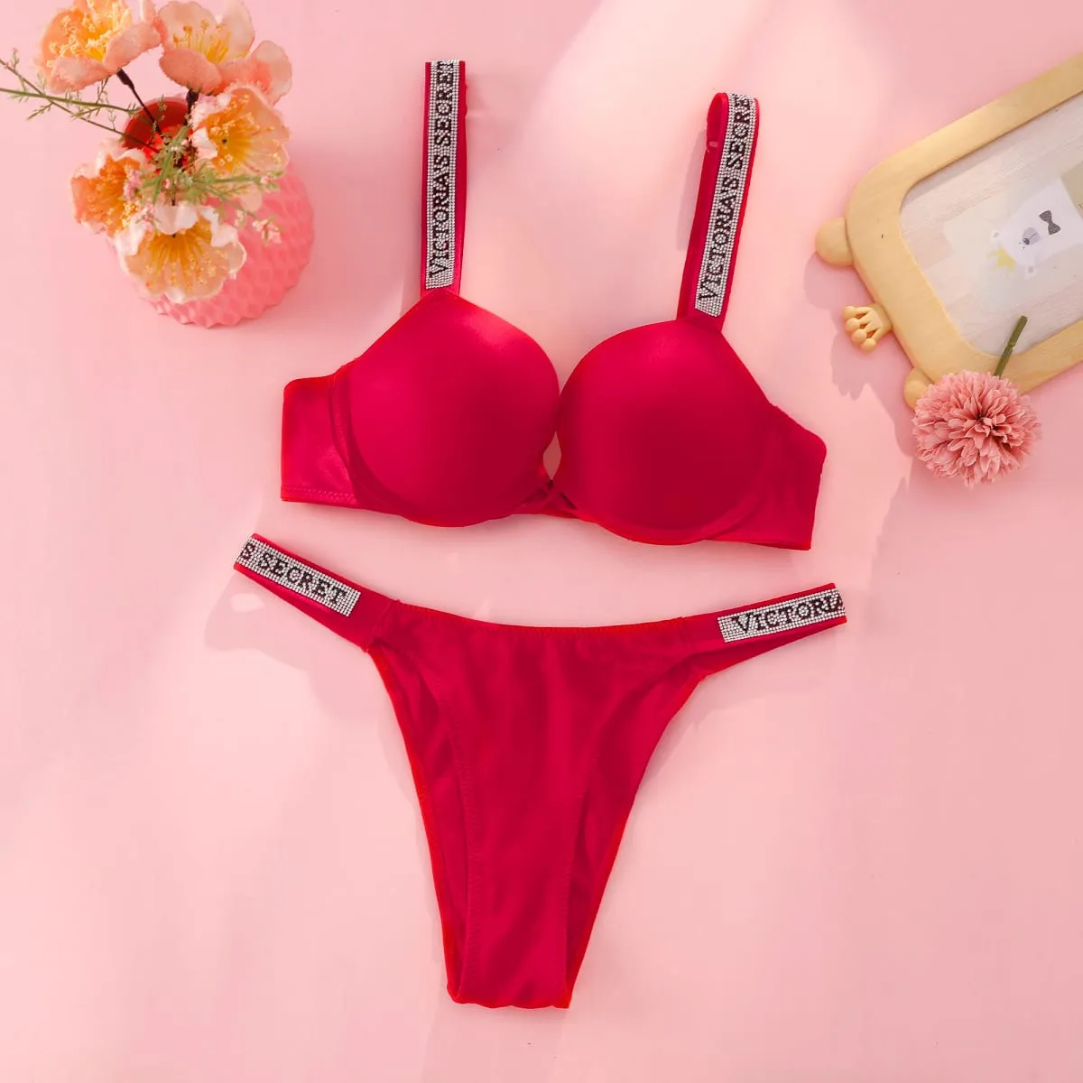 Victoria's Secret Rhinestone Logo Shoulder Straps Lace Underwear Sexy Lingerie Set Push Up Bra at Panties Set Para sa Babae — image 3