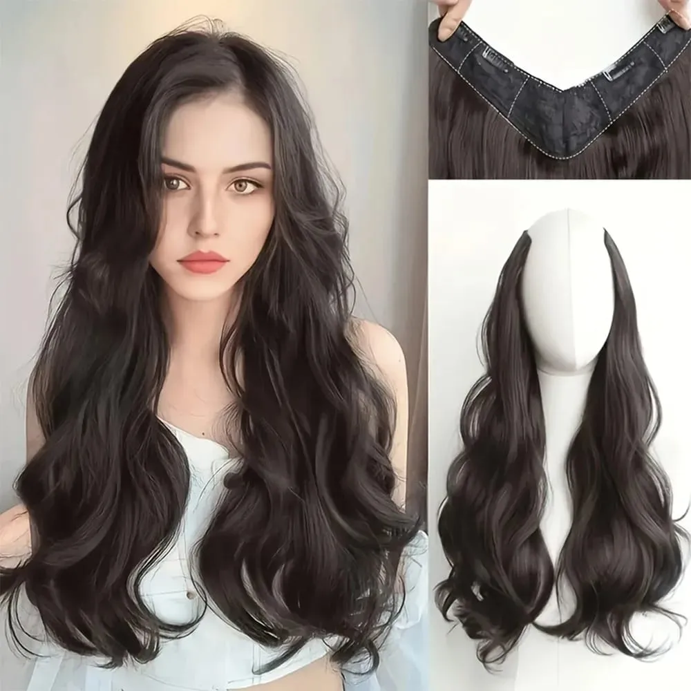 20Inch Synthetic Long Curly Hair Extension 4 Clips V-shape Natural Brown Black Hairpiece for Women — image 2
