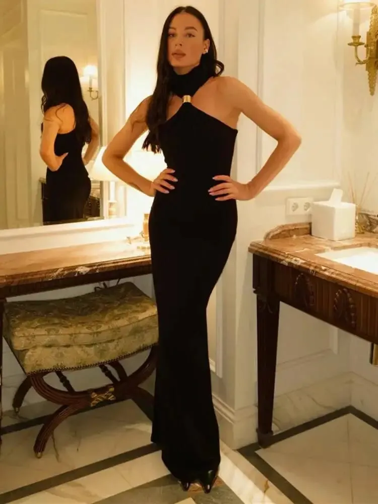 Balitops anel de ouro gola alta maxi tanque vestido feminino verão novo fino ajuste vestido feminino sem mangas volta dividir bodycon vestido longo — image 3