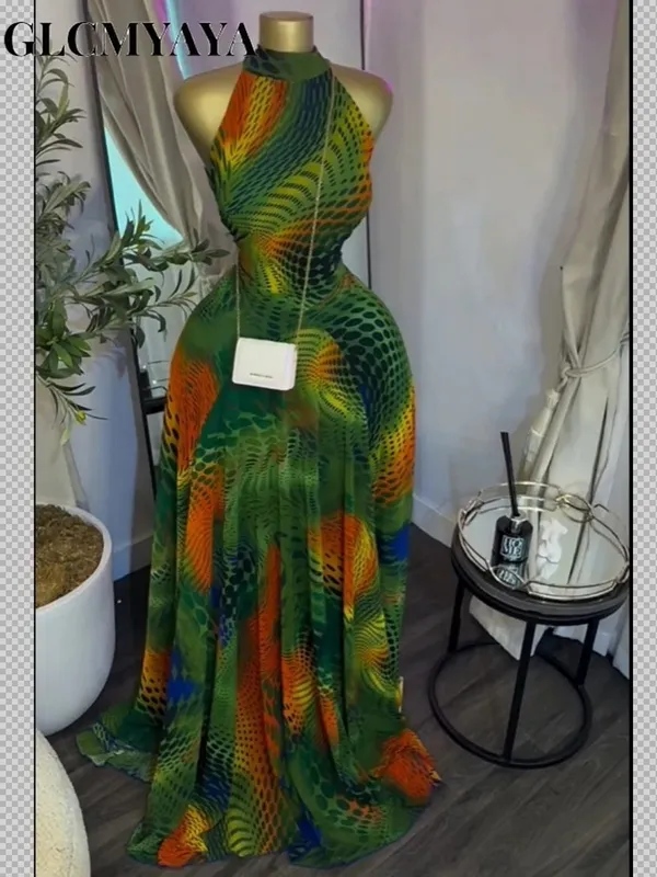 Feminino impresso sem mangas com faixas ajuste e alargamento a linha maxi vestido 2026 streetwear praia férias vestidos longos — image 5