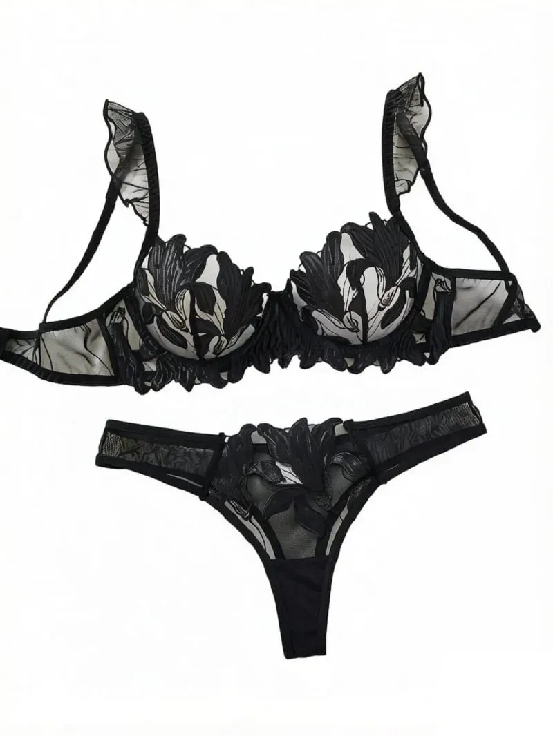 A4 Svart 3D Blommor Broderi Underkläder Set Dam Volanger Bygel BH & String Set Sheer Mesh Sexig Romantisk Intim Underkläder — image 2