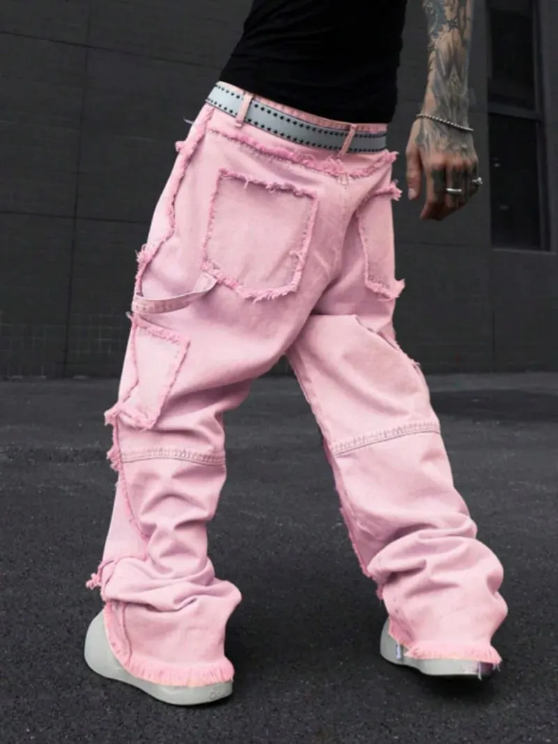 Pink Frayed Wide-Leg All-Season Cargo Denim Jeans — image 6